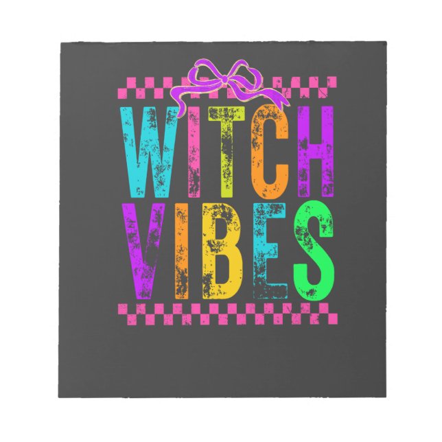 Witch Vibes Halloween Neon Checkered Bow Notepad (Front)