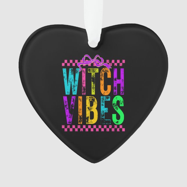 Witch Vibes Halloween Neon Checkered Bow Ornament (Front)