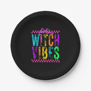 Witch Vibes Halloween Neon Checkered Bow Paper Plate