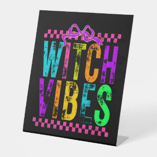 Witch Vibes Halloween Neon Checkered Bow Pedestal Sign