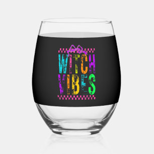 Witch Vibes Halloween Neon Checkered Bow Stemless Wine Glass