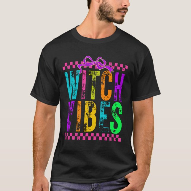 Witch Vibes Halloween Neon Checkered Bow T-Shirt (Front)