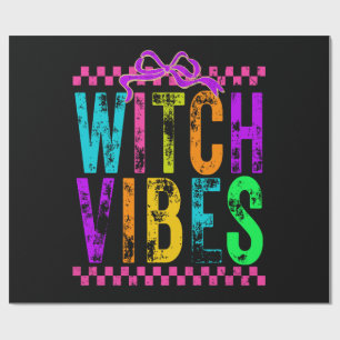 Witch Vibes Halloween Neon Checkered Bow Wrapping Paper