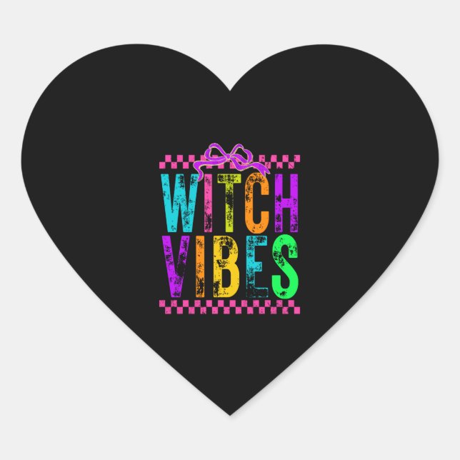Witch Vibes Halloween Neon Chequered Bow Heart Sticker (Front)