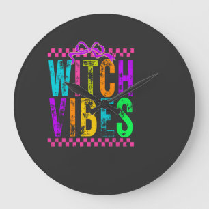 Witch Vibes Halloween Neon Chequered Bow Large Clock