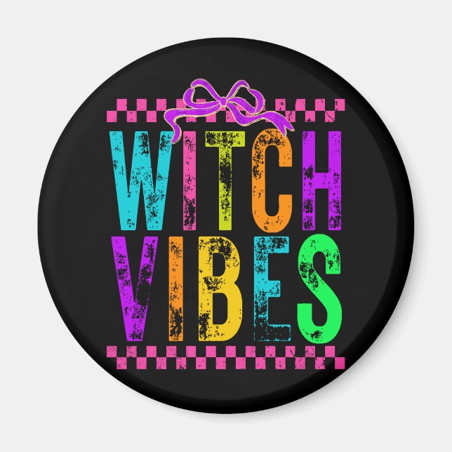 Witch Vibes Halloween Neon Chequered Bow Magnet (Front)