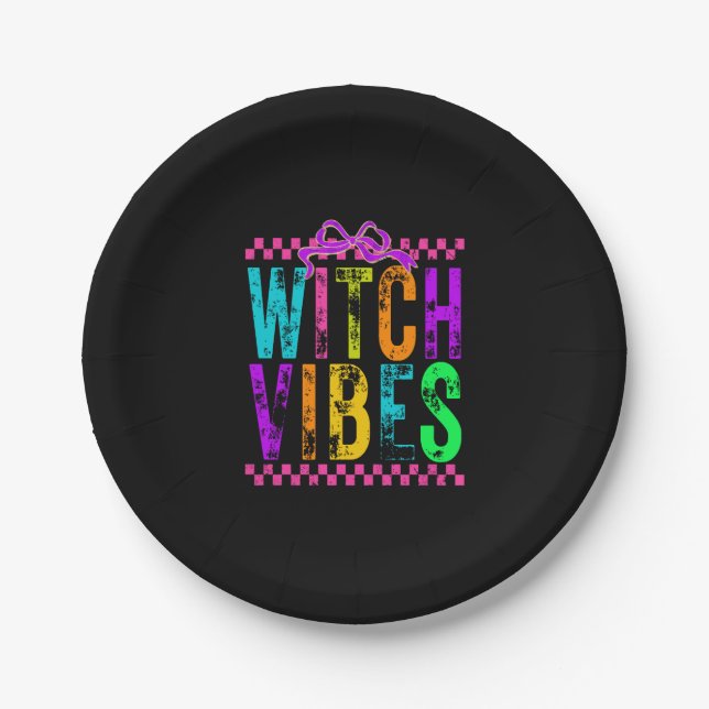 Witch Vibes Halloween Neon Chequered Bow Paper Plate (Front)