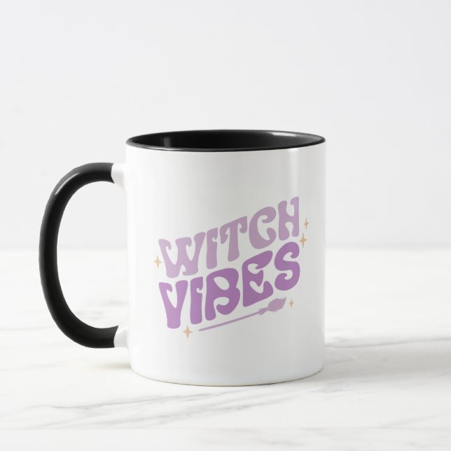 Witch Vibes Stars Witch's Broom Purple Halloween Mug (Left)