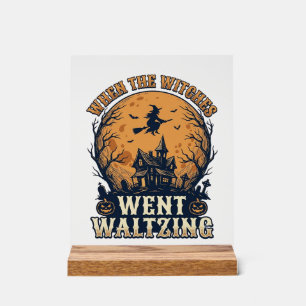 Witch Waltzing Halloween Vintage Engraving Design_ Acrylic Sign