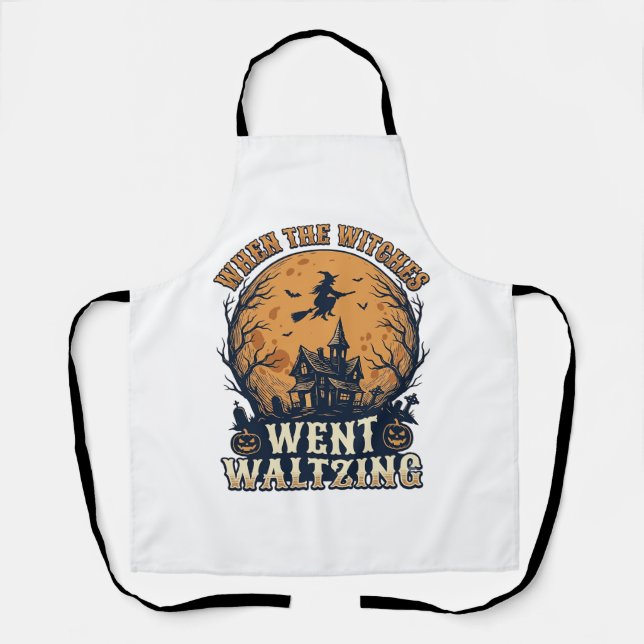 Witch Waltzing Halloween Vintage Engraving Design_ Apron (Front)