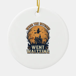 Witch Waltzing Halloween Vintage Engraving Design_ Ceramic Tree Decoration