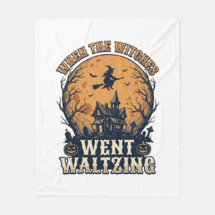 Witch Waltzing Halloween Vintage Engraving Design_ Fleece Blanket