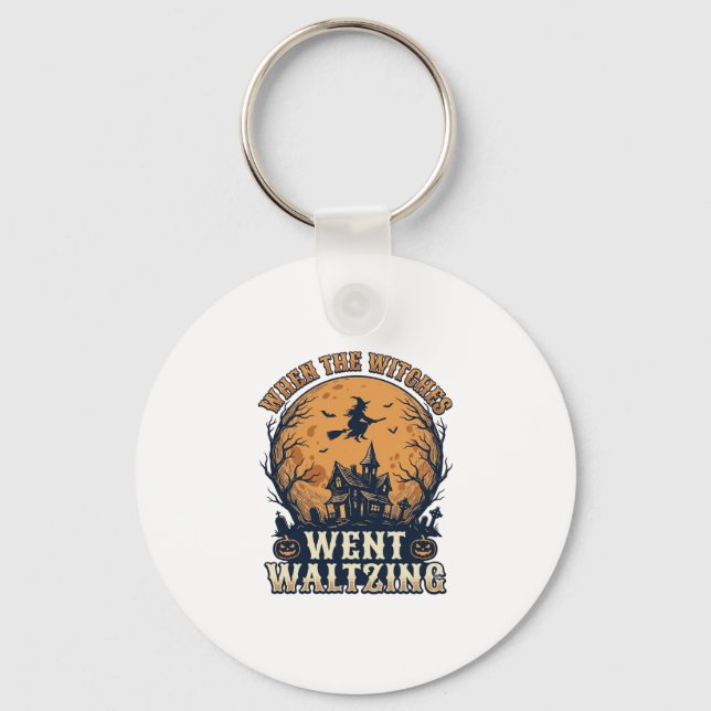 Witch Waltzing Halloween Vintage Engraving Design_ Key Ring (Front)