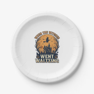 Witch Waltzing Halloween Vintage Engraving Design_ Paper Plate