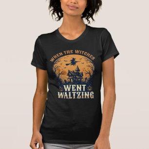 Witch Waltzing Halloween Vintage Engraving Design_ T-Shirt