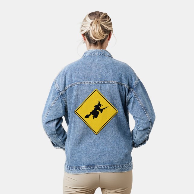 Witch Warning Halloween Denim Jacket (Model)