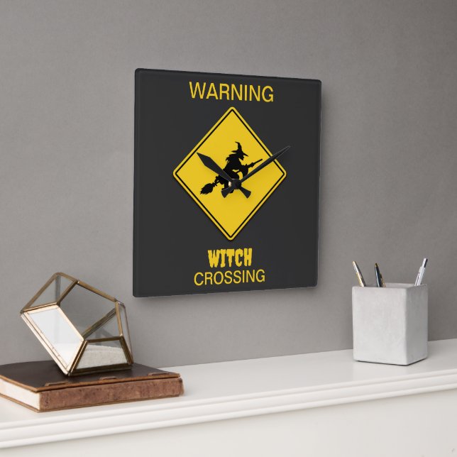 Witch Warning Halloween Square Wall Clock (Office)