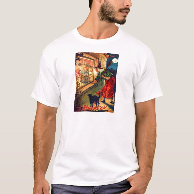 Witch Watching Children Owl Black Cat T-Shirt (Front)