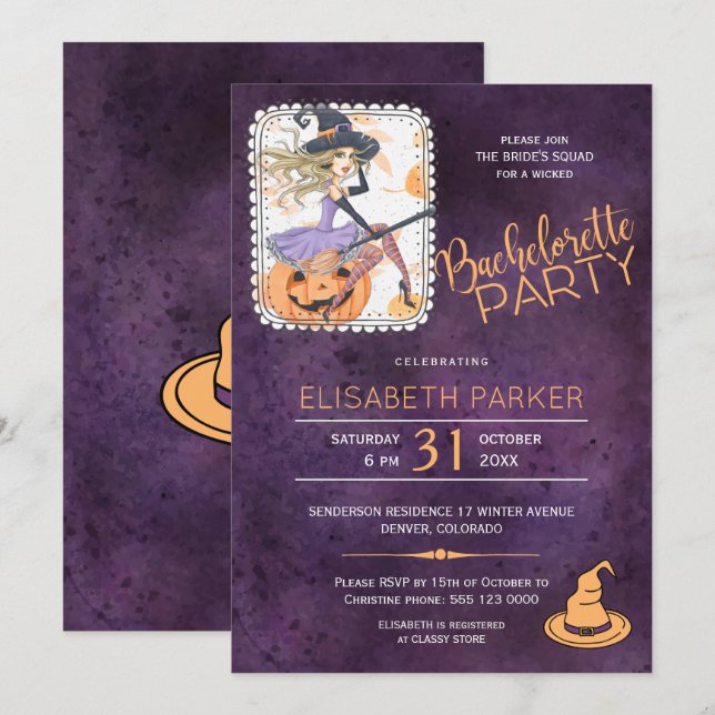 Witch watercolor Halloween bachelorette party Invitation (Front/Back)
