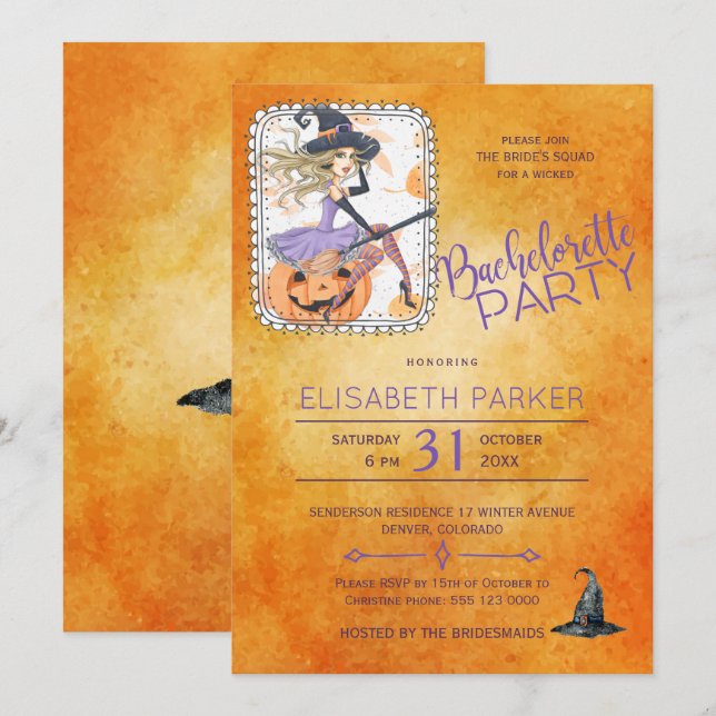 Witch watercolor Halloween bachelorette party Invitation (Front/Back)