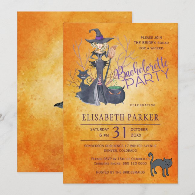 Witch watercolor Halloween bachelorette party Invitation (Front/Back)