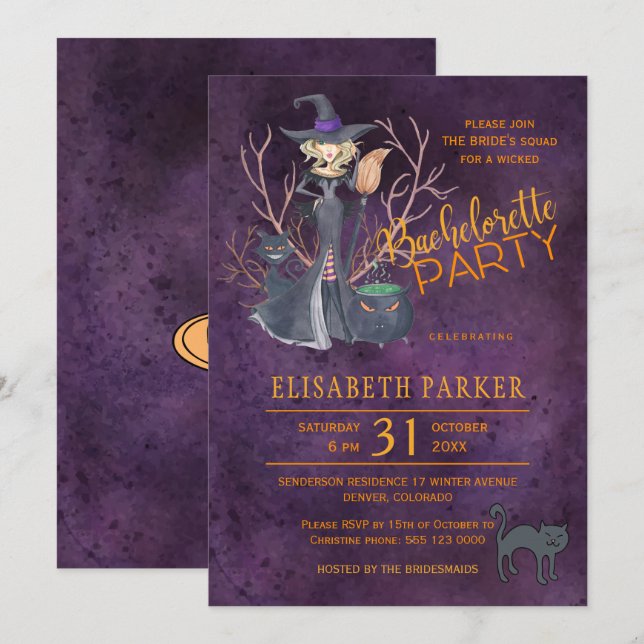 Witch watercolor Halloween bachelorette party Invitation (Front/Back)