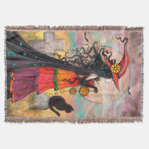 Witch Way Fantasy Witch Cat Halloween Art Throw Blanket