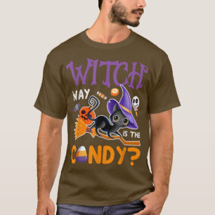 Witch Way Is The Candy Witch Black Cat Halloween T-Shirt
