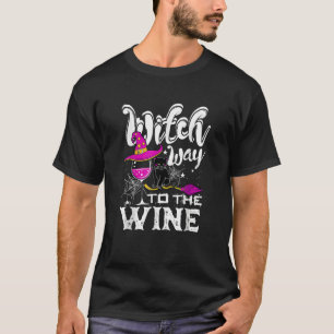 Witch Way O He Wine Halloween Drinking Black Cat T-Shirt