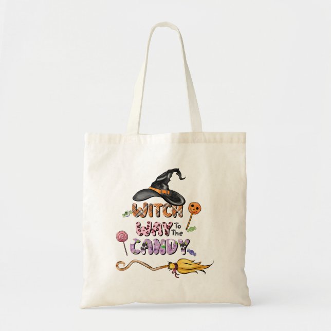 Witch Way to the Candy – Fun Halloween Tote Bag (Front)