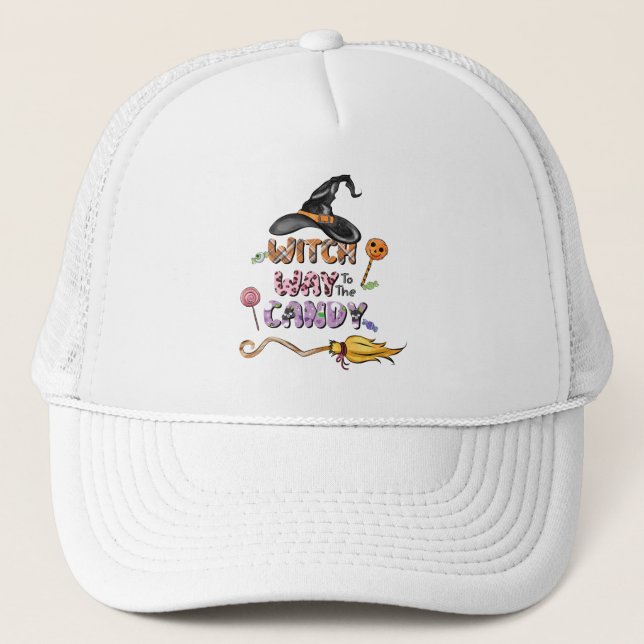 Witch Way to the Candy – Fun Halloween Trucker Hat (Front)