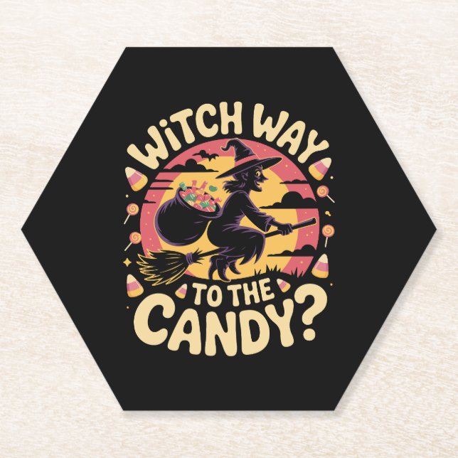 Witch Way to the Candy Halloween T-shirt Paper Coaster (Front)