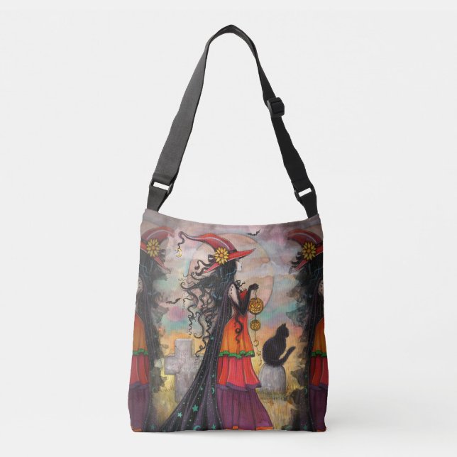 Witch Way Witch Cat Fantasy Art Halloween Wiccan Crossbody Bag (Front)