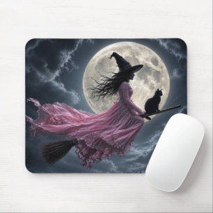 Witch Wearing a Pink Dress on a Broomstick Mouse Mat
