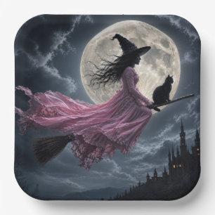 Witch Wearing a Pink Dress on a Broomstick Paper Plate