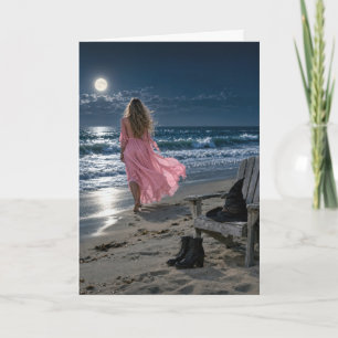 Witch Wearing a Pink Dress on a Moonlit Beach Card