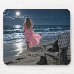 Witch Wearing a Pink Dress on a Moonlit Beach Mouse Mat