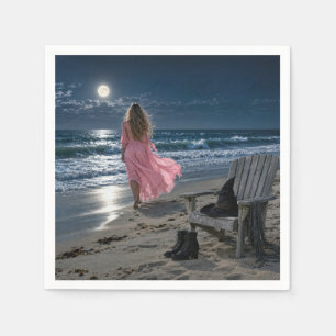 Witch Wearing a Pink Dress on a Moonlit Beach Napkin