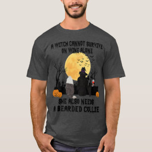 Witch Wine And Bearded Collie Dog Funny Halloween T-Shirt