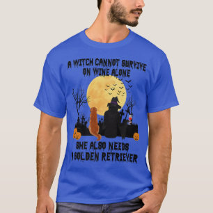 Witch Wine And Golden Retriever Dog Funny Hallowee T-Shirt