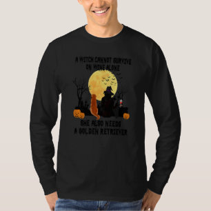 Witch Wine And Golden Retriever Dog Halloween Cos T-Shirt