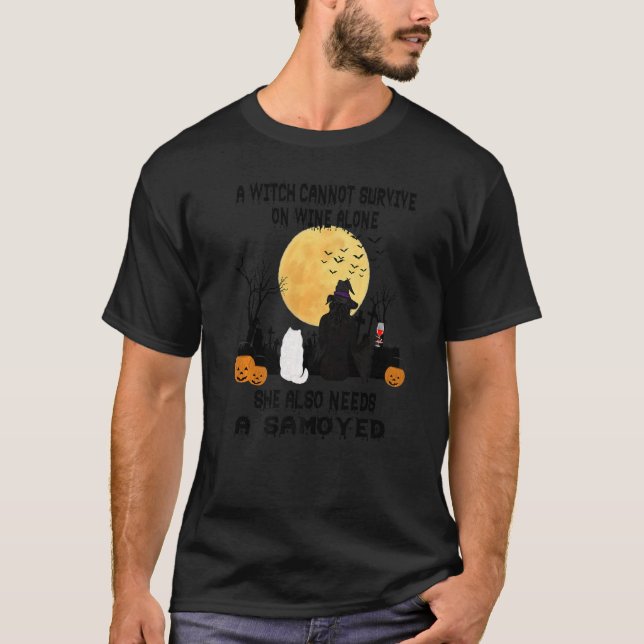 Witch Wine And Samoyed Dog Mum  Halloween Costume T-Shirt (Front)