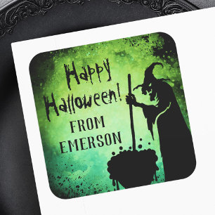 Witch witch cauldron gren black Happy Halloween Sq Square Sticker