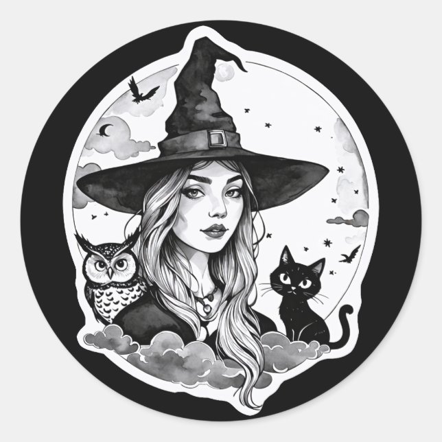 Witch with a Cat and an Owl - Halloween Fan Fun 1 Classic Round Sticker (Front)