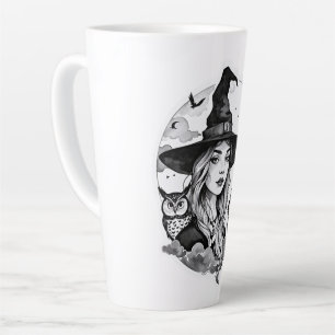 Witch with a Cat and an Owl - Halloween Fan Fun 1 Latte Mug