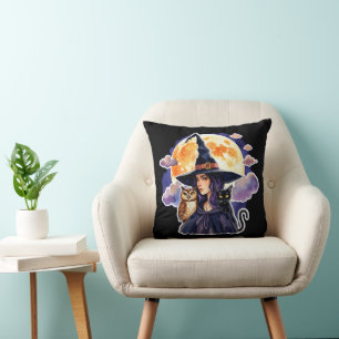 Witch with a Cat and an Owl - Halloween Fan Fun 2 Cushion