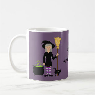 Witch With A Cat On Purple & Happy Halloween Text Coffee Mug