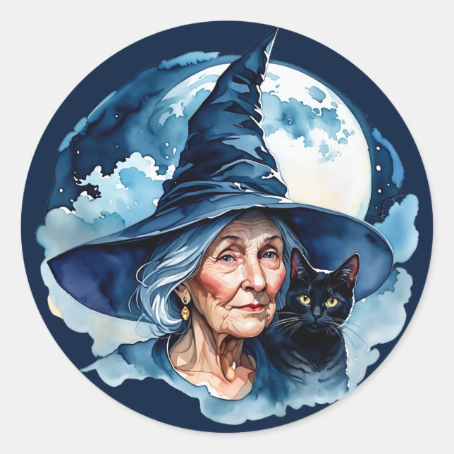 Witch with a Cat - Wicca Halloween 1 Classic Round Sticker (Front)