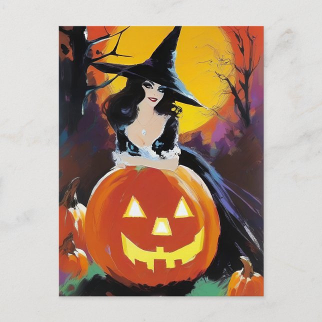 Witch with a pumpkin in front of a full moon postcard (Front)