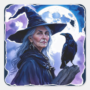 Witch with a Raven - Halloween Fan Fun 1 Square Sticker